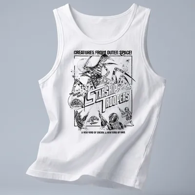 Vintage comic design featuring The Brain Bug from Starship Troopers in black and white — printed on a tank top