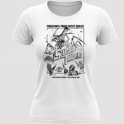 Vintage comic design featuring The Brain Bug from Starship Troopers in black and white — printed on a women's shirt