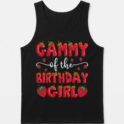Colorful cartoon design of strawberries and text 'Gammy Birthday Girl' on a — printed on a tank top