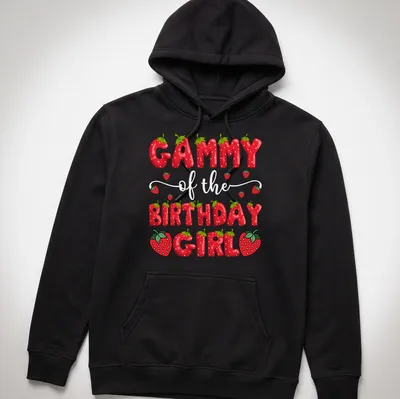Colorful cartoon design of strawberries and text 'Gammy Birthday Girl' on a — printed on a unisex hoodie