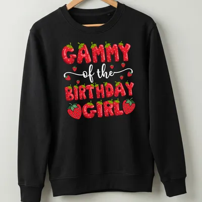 Colorful cartoon design of strawberries and text 'Gammy Birthday Girl' on a — printed on a unisex sweatshirt