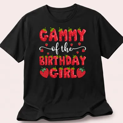 Colorful cartoon design of strawberries and text 'Gammy Birthday Girl' on a t-shirt