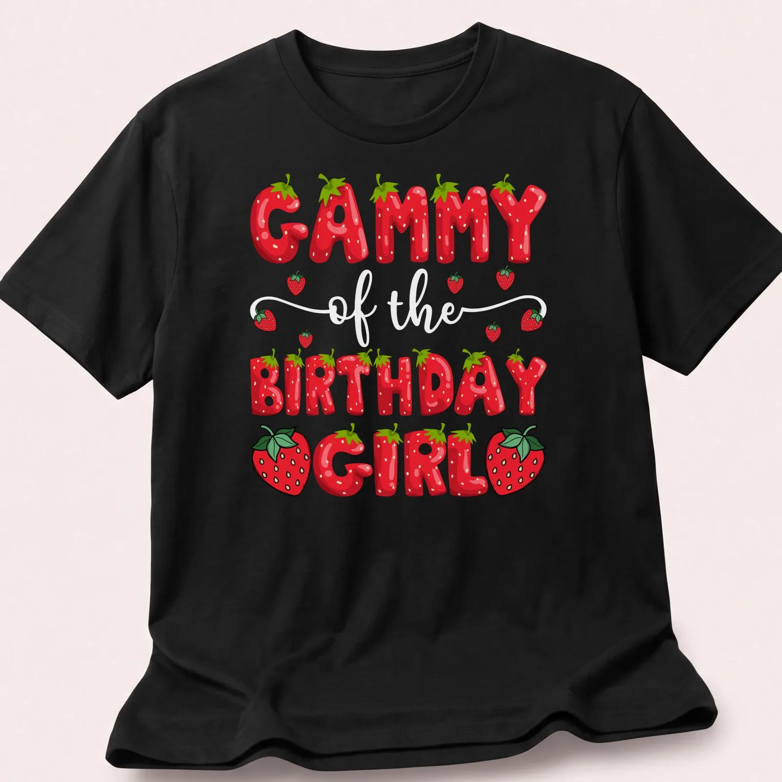 Colorful cartoon design of strawberries and text 'Gammy Birthday Girl' on a — printed on a unisex t-shirt