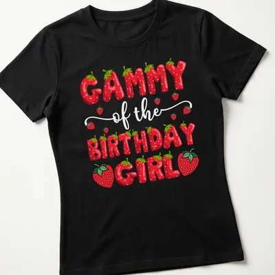 Colorful cartoon design of strawberries and text 'Gammy Birthday Girl' on a — printed on a women's shirt