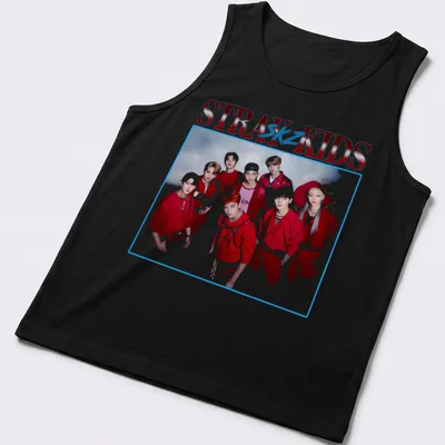 Vintage-inspired Stray Kids t-shirt featuring bold text and a playful design in red, white, and blue. — printed on a tank top