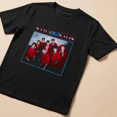 Vintage-inspired Stray Kids t-shirt featuring bold text and a playful design in red, white, and blue.