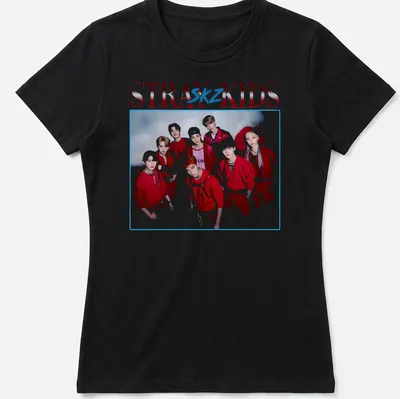 Vintage-inspired Stray Kids t-shirt featuring bold text and a playful design in red, white, and blue. — printed on a women's shirt
