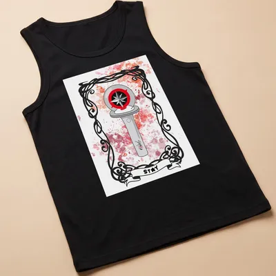 Illustrative compass design with the word Stay on a watercolor background in various colors — printed on a tank top