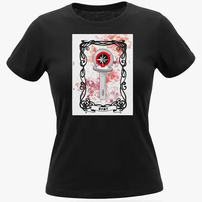 Illustrative compass design with the word Stay on a watercolor background in various colors — printed on a women's shirt