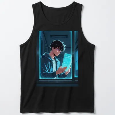 Stylized manga character depicted reading at night in blue and purple hues — printed on a tank top