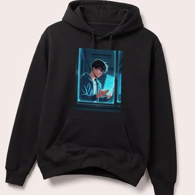Stylized manga character depicted reading at night in blue and purple hues — printed on a unisex hoodie