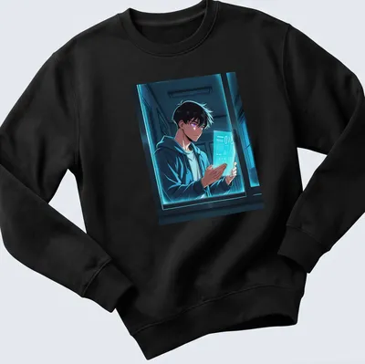 Stylized manga character depicted reading at night in blue and purple hues — printed on a unisex sweatshirt