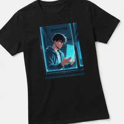 Stylized manga character depicted reading at night in blue and purple hues — printed on a women's shirt