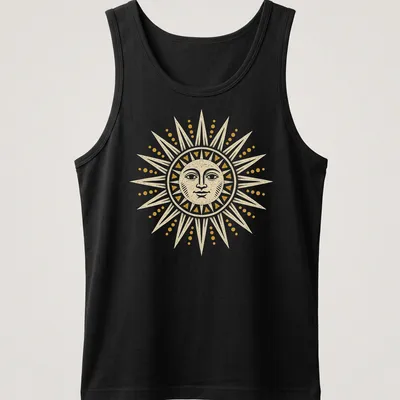Vintage illustration of a radiant sun in yellow and cream tones — printed on a tank top