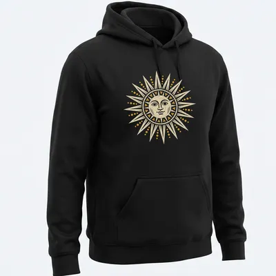 Vintage illustration of a radiant sun in yellow and cream tones — printed on a unisex hoodie