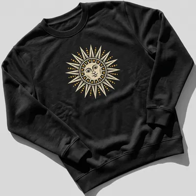 Vintage illustration of a radiant sun in yellow and cream tones — printed on a unisex sweatshirt