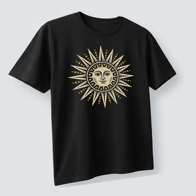Vintage illustration of a radiant sun in yellow and cream tones — printed on a unisex t-shirt (angled view)