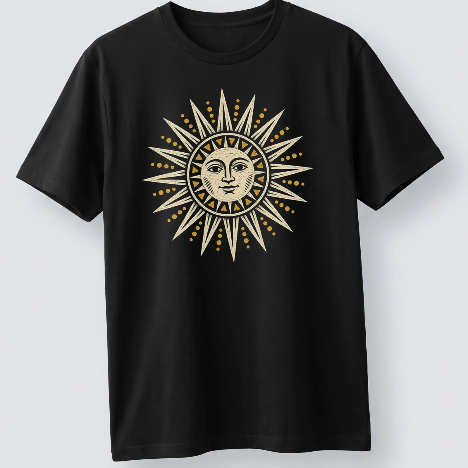 Vintage illustration of a radiant sun in yellow and cream tones — printed on a unisex t-shirt