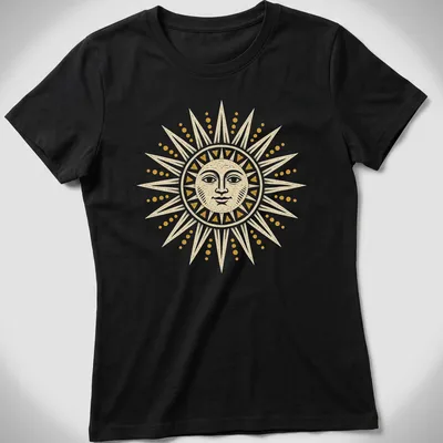 Vintage illustration of a radiant sun in yellow and cream tones — printed on a women's shirt
