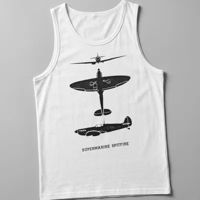 Silhouette of a Supermarine Spitfire aircraft with text in black and white — printed on a tank top