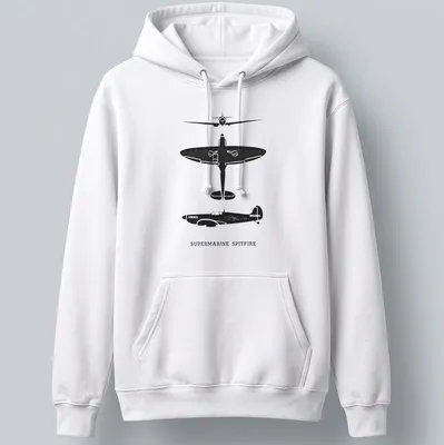 Silhouette of a Supermarine Spitfire aircraft with text in black and white — printed on a unisex hoodie