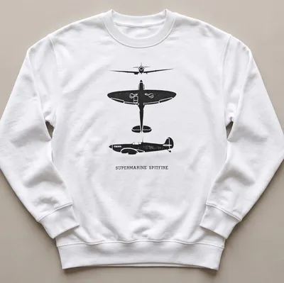 Silhouette of a Supermarine Spitfire aircraft with text in black and white — printed on a unisex sweatshirt
