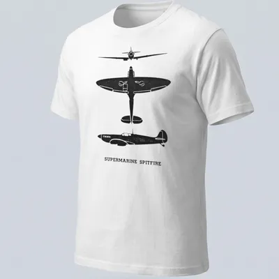 Silhouette of a Supermarine Spitfire aircraft with text in black and white