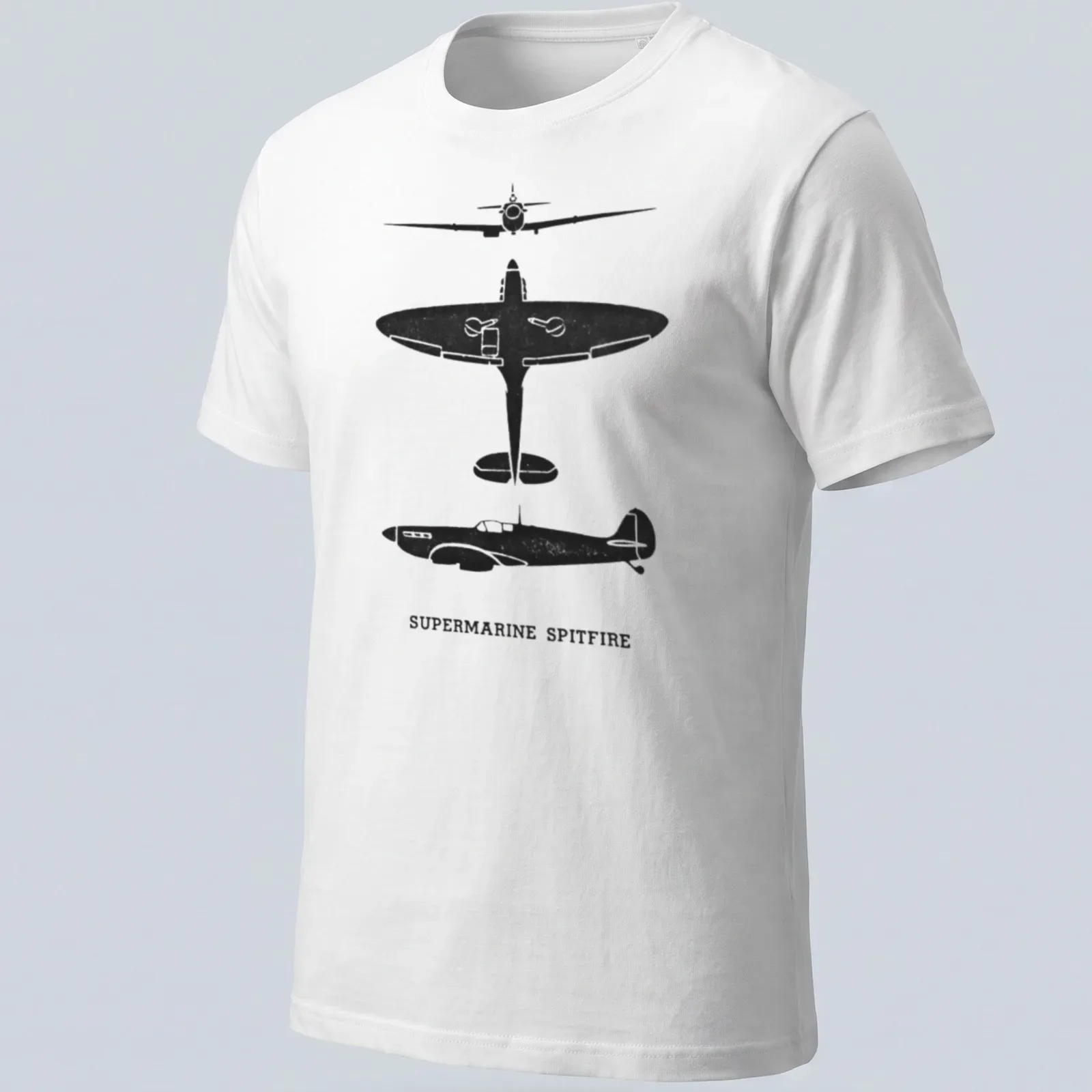 Silhouette of a Supermarine Spitfire aircraft with text in black and white — printed on a unisex t-shirt