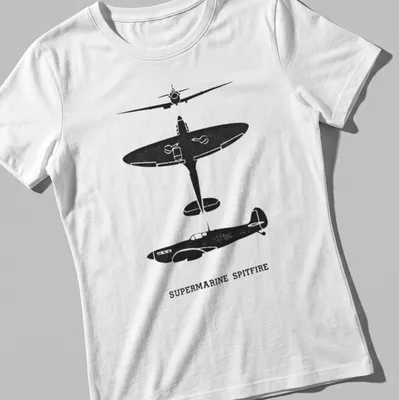Silhouette of a Supermarine Spitfire aircraft with text in black and white — printed on a women's shirt