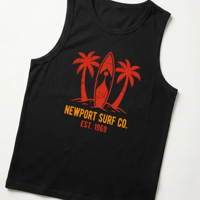 Distressed Newport Surf Co. shirt featuring surfboards and palm trees in red and orange — printed on a tank top