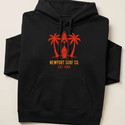 Distressed Newport Surf Co. shirt featuring surfboards and palm trees in red and orange — printed on a unisex hoodie