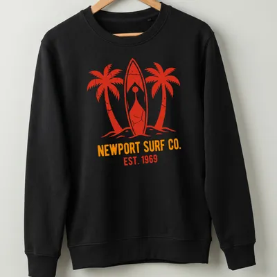 Distressed Newport Surf Co. shirt featuring surfboards and palm trees in red and orange — printed on a unisex sweatshirt