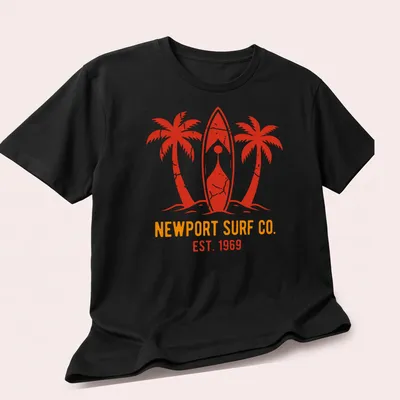 Distressed Newport Surf Co. shirt featuring surfboards and palm trees in red and orange — printed on a unisex t-shirt (angled view)