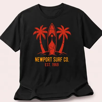 Distressed Newport Surf Co. shirt featuring surfboards and palm trees in red and orange