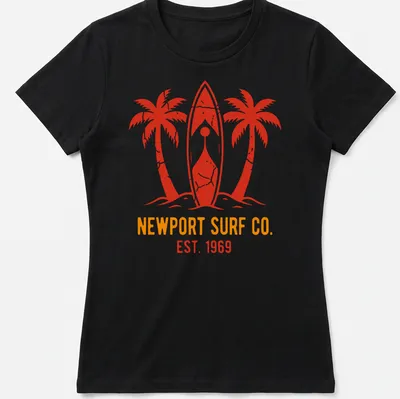 Distressed Newport Surf Co. shirt featuring surfboards and palm trees in red and orange — printed on a women's shirt