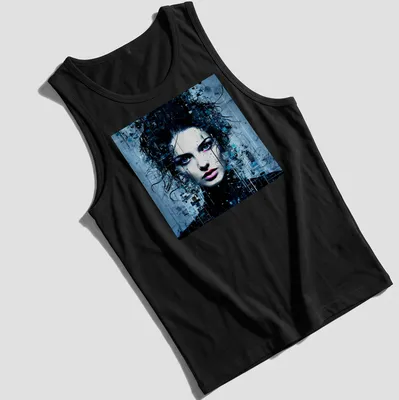 Surrealistic portrait of a feminine spirit in blue, black, white, and purple — printed on a tank top