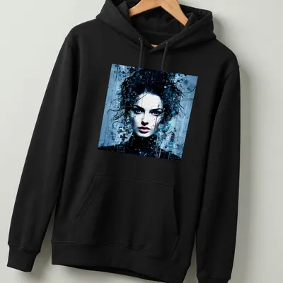 Surrealistic portrait of a feminine spirit in blue, black, white, and purple — printed on a unisex hoodie