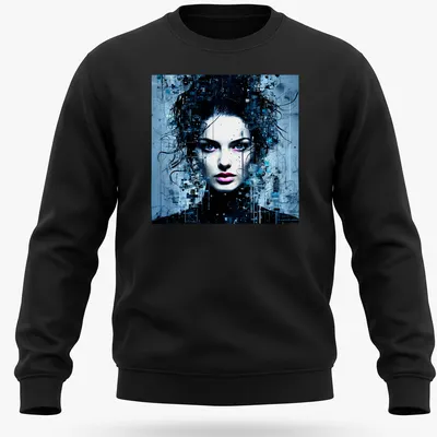 Surrealistic portrait of a feminine spirit in blue, black, white, and purple — printed on a unisex sweatshirt
