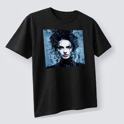Surrealistic portrait of a feminine spirit in blue, black, white, and purple — printed on a unisex t-shirt (angled view)