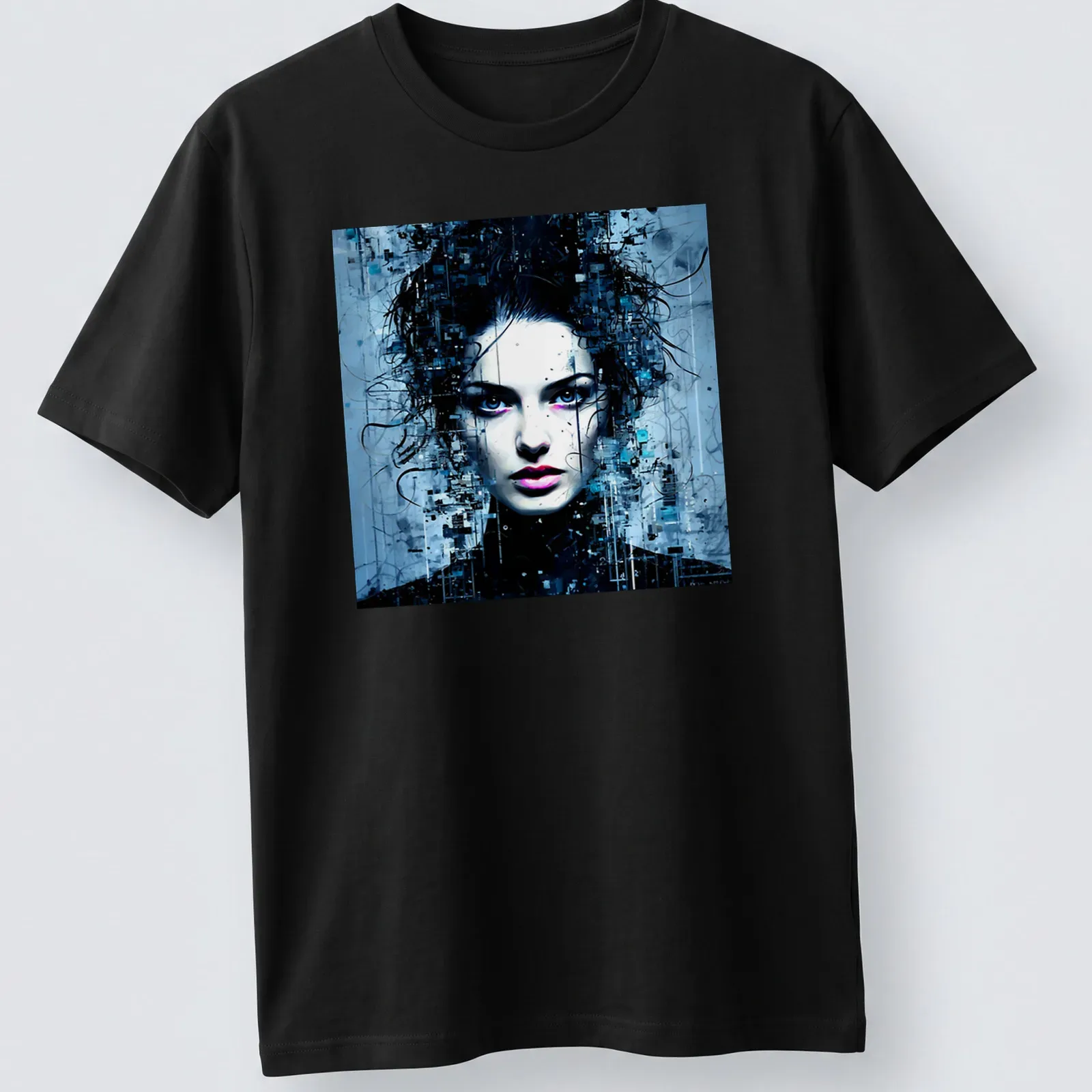 Surrealistic portrait of a feminine spirit in blue, black, white, and purple — printed on a unisex t-shirt