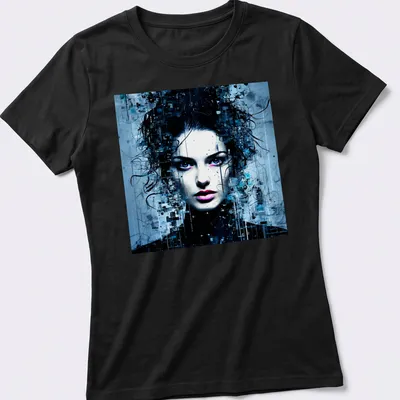 Surrealistic portrait of a feminine spirit in blue, black, white, and purple — printed on a women's shirt