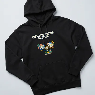 Colorful cartoon t-shirt with balance scale and survey forms under the phrase Questions Should Not Lead. — printed on a unisex hoodie