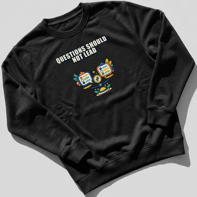 Colorful cartoon t-shirt with balance scale and survey forms under the phrase Questions Should Not Lead. — printed on a unisex sweatshirt