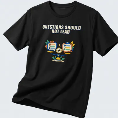 Colorful cartoon t-shirt with balance scale and survey forms under the phrase Questions Should Not Lead.