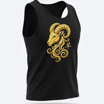 Swirling gold design of a ram head and yang symbol with the character '羊' in white — printed on a tank top