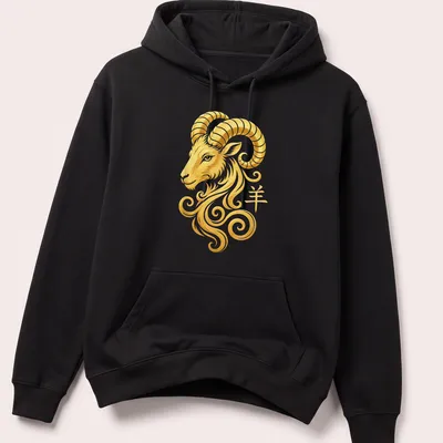 Swirling gold design of a ram head and yang symbol with the character '羊' in white — printed on a unisex hoodie