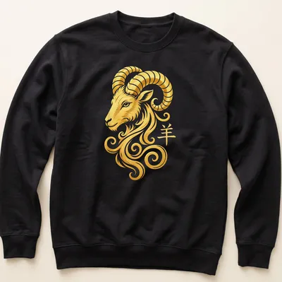Swirling gold design of a ram head and yang symbol with the character '羊' in white — printed on a unisex sweatshirt
