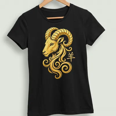 Swirling gold design of a ram head and yang symbol with the character '羊' in white — printed on a women's shirt