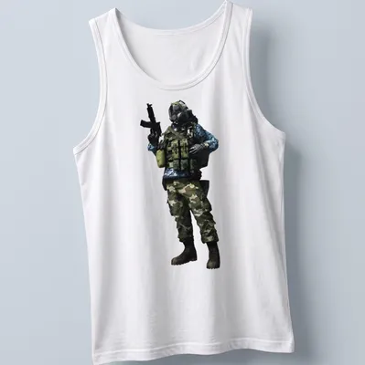 Realistic print of a tactical soldier in camouflage colors — printed on a tank top