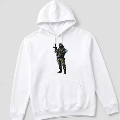 Realistic print of a tactical soldier in camouflage colors — printed on a unisex hoodie